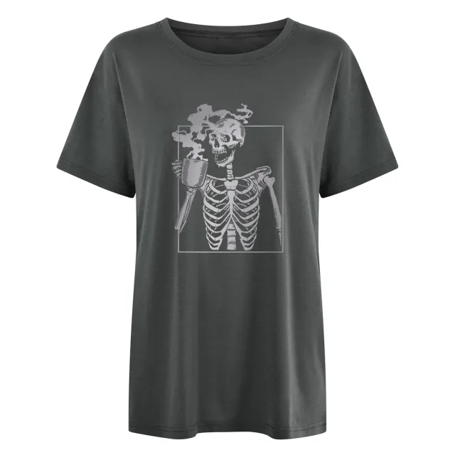 Drop Shoulder Short Sleeve Skull End Hot Drink Gradient Printing T shirt Gray - Shop at LoveMi
