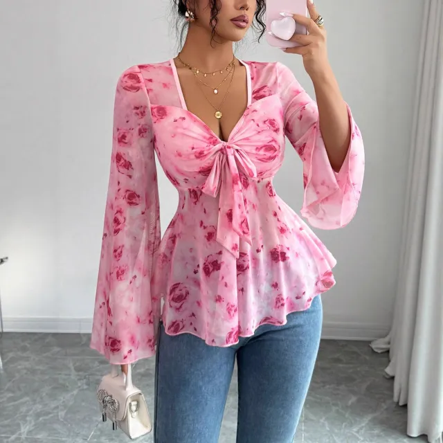Womens Mesh Red Rose Print V Neck Top Red - Shop at LoveMi