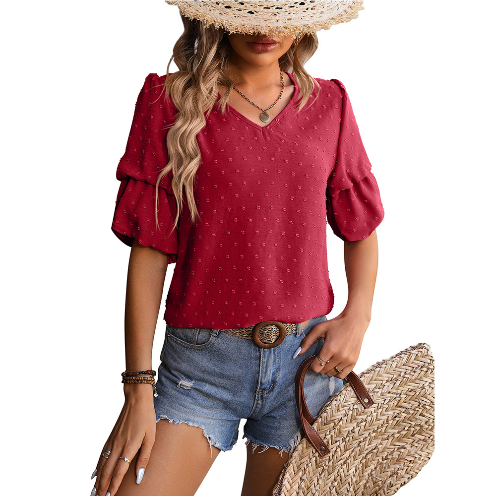 V neck Chiffon Top Double layer Puff Sleeve Shirt Wine - Shop at LoveMi