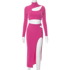 Autumn New Sunken Stripe Top Skirt Long Sleeve Fashion Casual Set Women European And American Women's Clothing - Rose - View 1