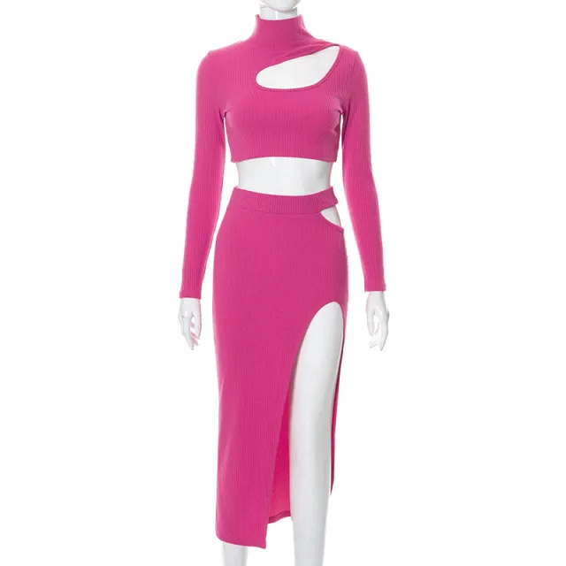 Autumn New Sunken Stripe Top Skirt Long Sleeve Fashion Casual Set Women European And American Women's Clothing Rose Red - Shop at LoveMi