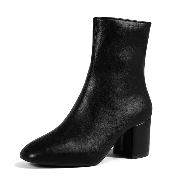 High Heel Boots Women's New Side Zipper Large Size Thick Heel Square Toe Black - Shop at LoveMi