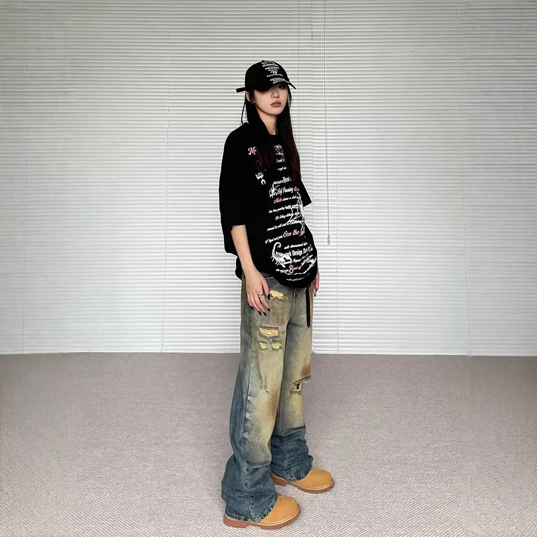 Niche Make Old Ripped Denim Fashion Brand Loose Straight Wide Leg Smart Trousers