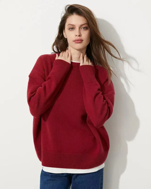 Women's Round Neck Solid Color Pullover Leisure Sweater Wine Red - Shop at LoveMi