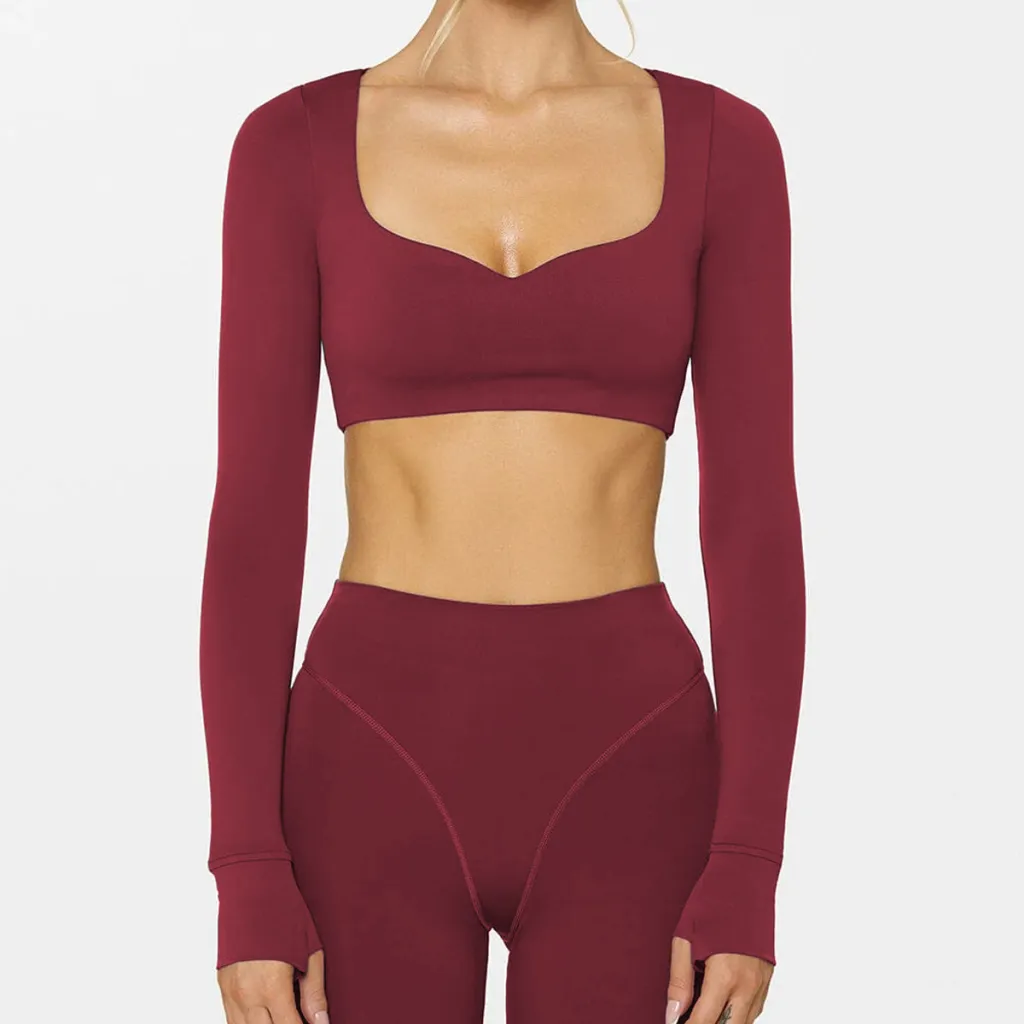 Yoga Abdominal Exercising Band Chest Pad Long Sleeve Top For Women - Wine