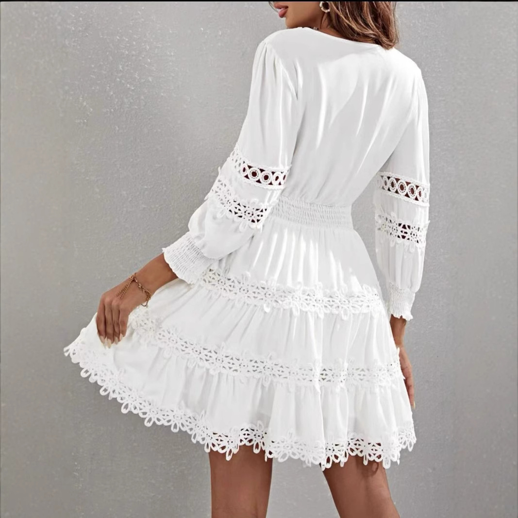 Women's Hollowedout Vneck Lanternsleeve Lacetrimmed Slimfit Dress