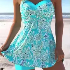 Belly Covering Boxer Hot Spring Plus Size Two Piece Swimwear - Blue - View 1