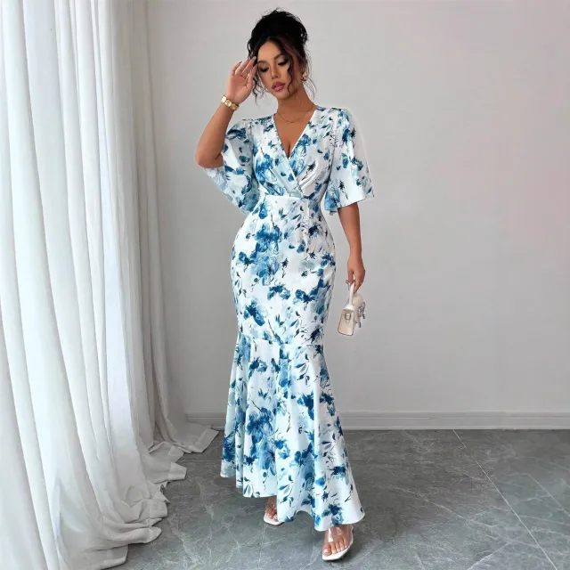 French Round Neck Lantern Sleeve Waist cinching Slimming Dress Light Blue - Shop at LoveMi