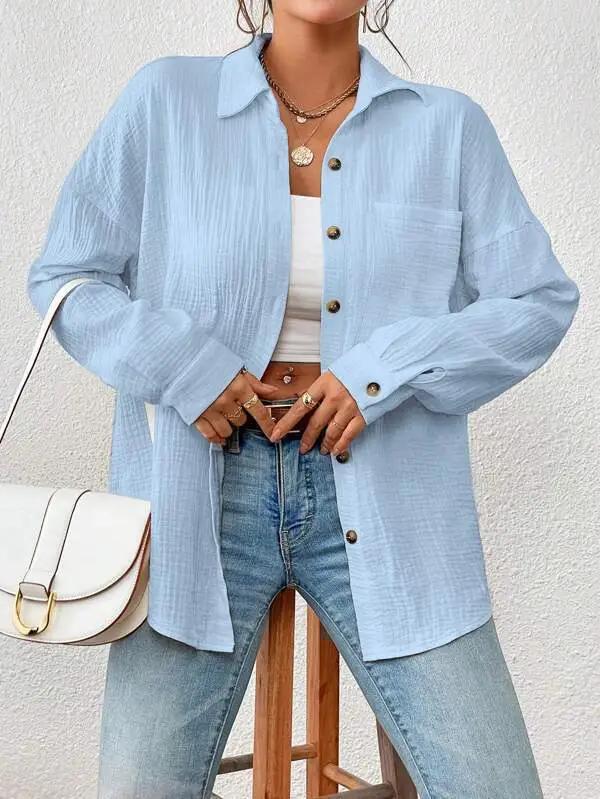 Women's Autumn Blouse Drop Shoulder Sky Blue - Shop at LoveMi