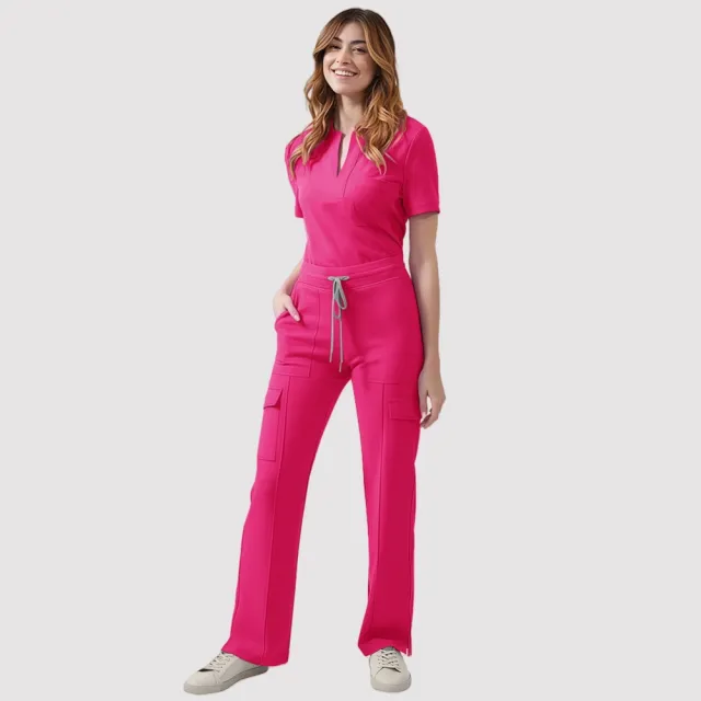 V neck Casual Top Pants Suit Work Clothes Brush Hand 82026 Rose Red - Shop at LoveMi