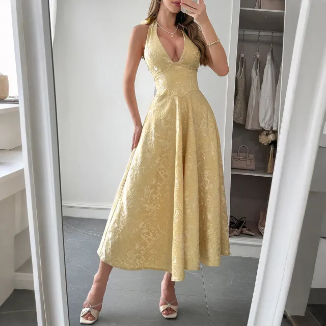 European And American Elegant Evening Dress Halter Waist Yellow - Shop at LoveMi
