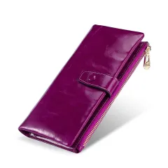 Women's Real Leather Long Multiple Card Slots Hand-held Retro Oil Wax Skin Coin Purse - Purple - View 1
