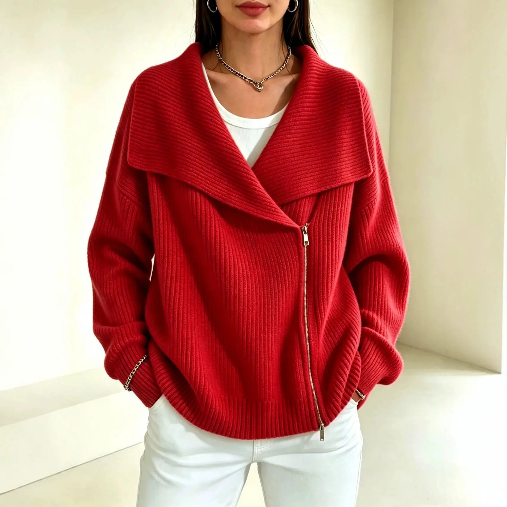 Notch-collar Double-zip Knit Cardigan Womens Top