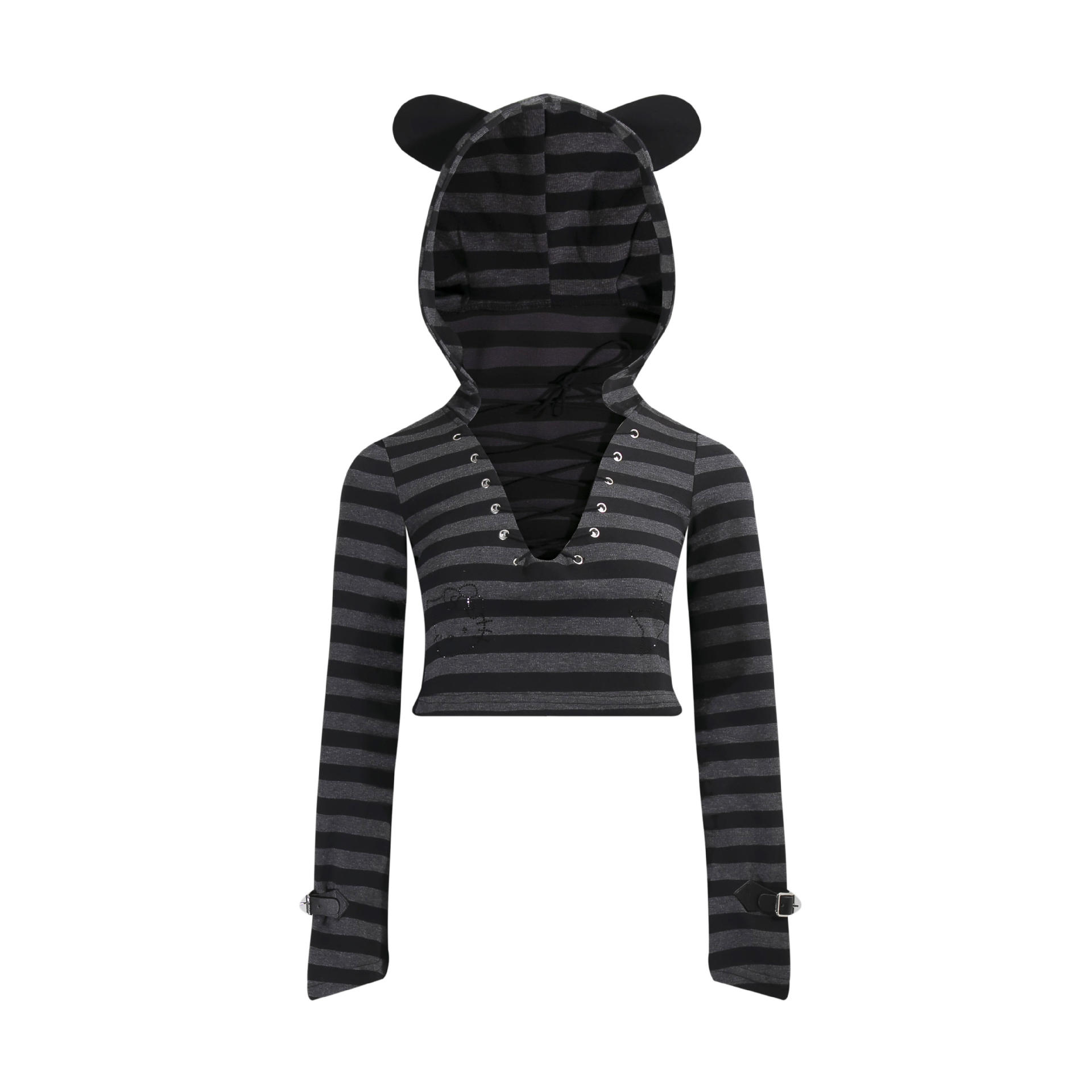 Striped Lace up Hooded Cat Ears Long Sleeve T shirt High Waist Lace Cake Dress Suit Top - Shop at LoveMi