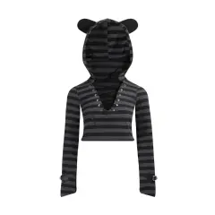 Striped Lace-up Hooded Cat Ears Long Sleeve T-shirt High Waist Lace Cake Dress Suit - Top - View 1