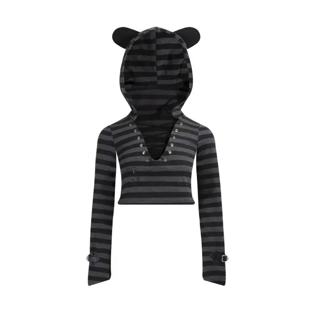 Striped Lace up Hooded Cat Ears Long Sleeve T shirt High Waist Lace Cake Dress Suit Top - Shop at LoveMi