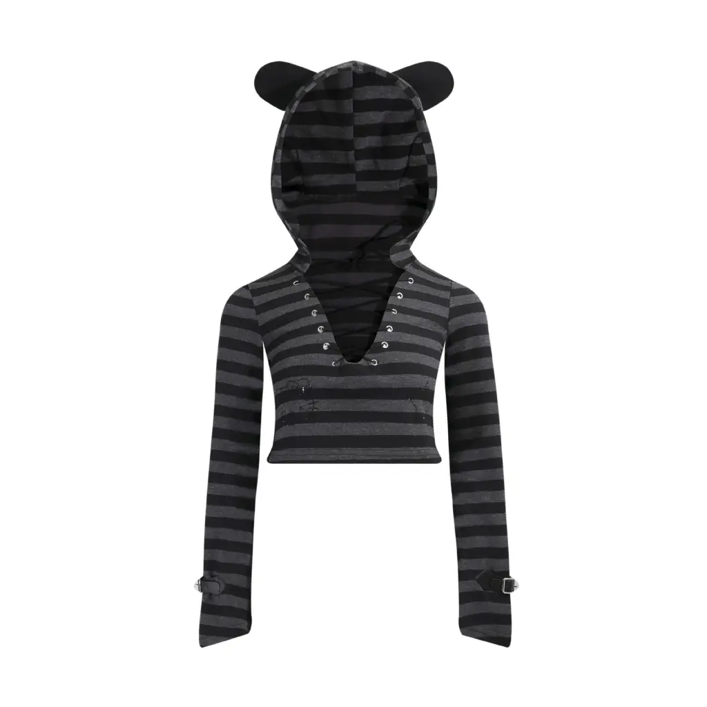 Striped Lace-up Hooded Cat Ears Long Sleeve T-shirt High Waist Lace Cake Dress Suit - Top