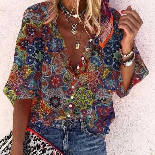 Women's V neck Long Sleeve Stand Collar Printed Sweet Blouse Geometric Pattern - Shop at LoveMi
