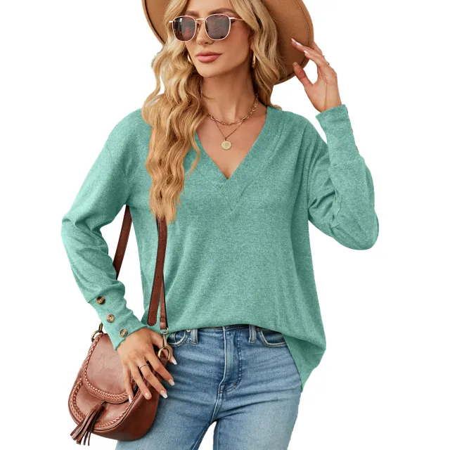 Solid Color And V neck Loose Long Sleeve Button T shirt Top Bean Green - Shop at LoveMi