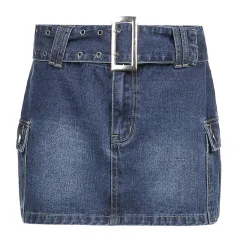 American Street Style Asymmetric Pocket Design Low Waist Denim Skirt - 00860 Blue - View 1