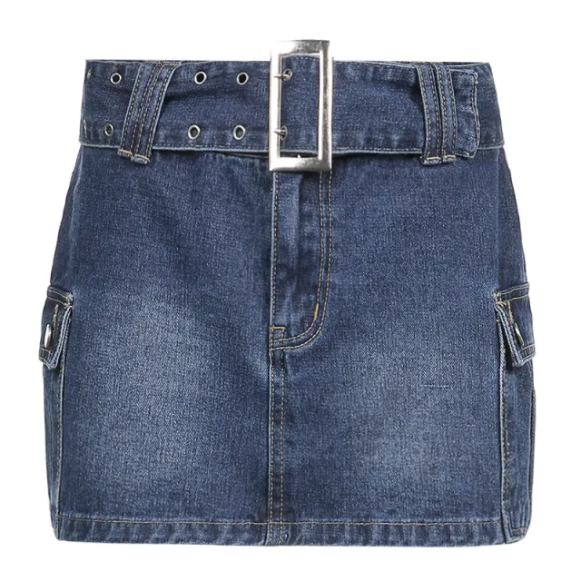 American Street Style Asymmetric Pocket Design Low Waist Denim Skirt 00860 Blue - Shop at LoveMi