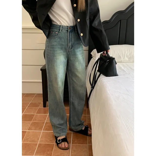 High Waist Slimming Blue Straight Mopping Pants Women Blue - Shop at LoveMi