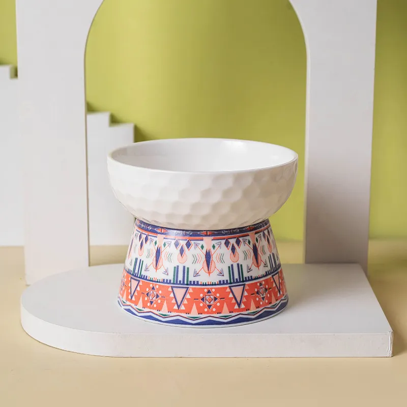 Pet Ceramic High Foot Protective Cervical Bowl - Pink Flat Mouth