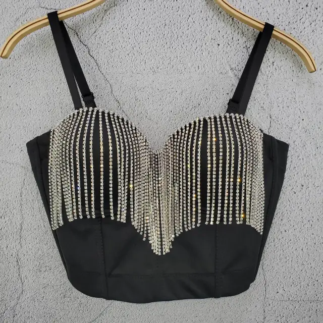 Diamond Tassel Chain Slim fit Camisole Vest Design Short Scheming Summer Slimming Top Black - Shop at LoveMi