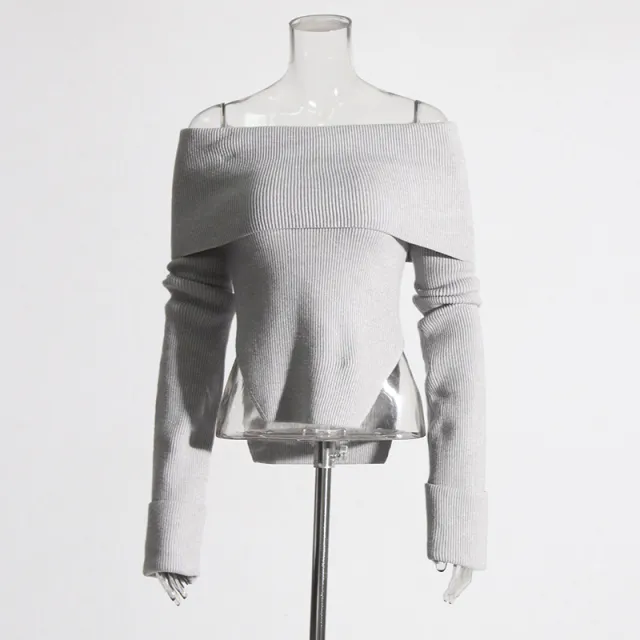 Elegant Idle Style Off shoulder Top Irregular Hem Slim Slimming Solid Color Gray - Shop at LoveMi