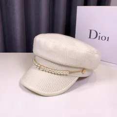 Autumn And Winter Pearl Chain Flat Top Navy Hat Women - White - View 1