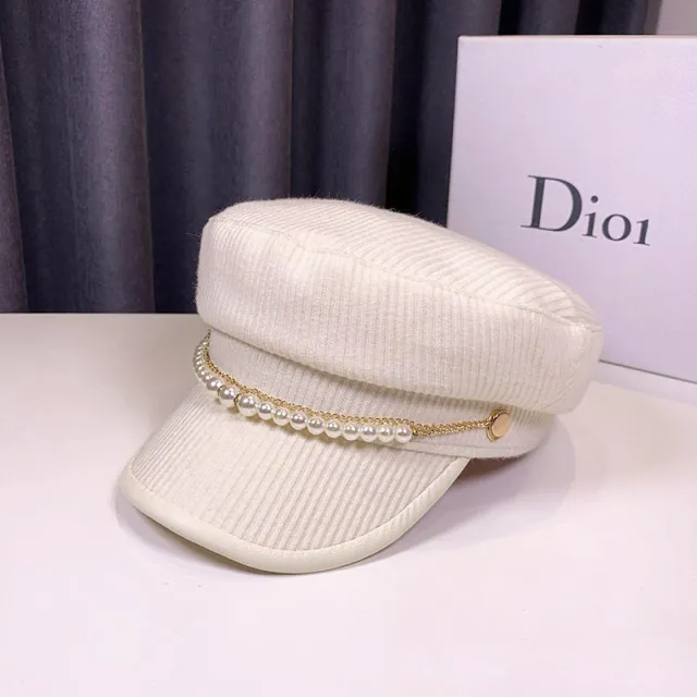 Autumn And Winter Pearl Chain Flat Top Navy Hat Women Milky White - Shop at LoveMi