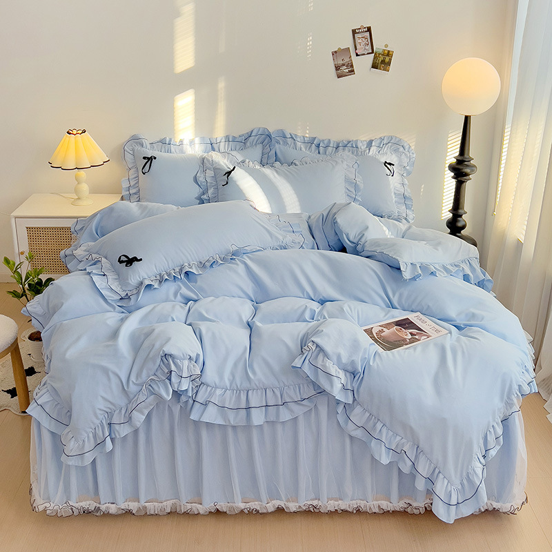 Mesh Lace Bow Bed Skirt Double-bed Four-piece Suit
