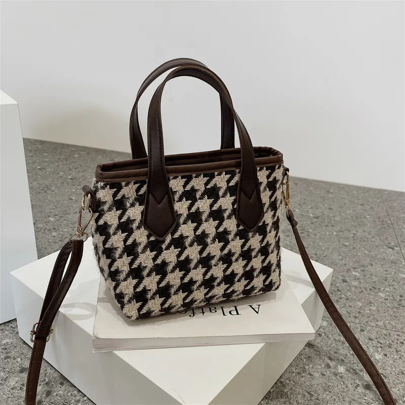 Fashion Houndstooth Shoulder Bags Portable Checkerboard Handbags All-match Messenger Bag Women Totes - Coffee