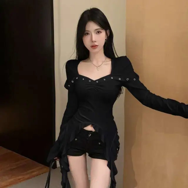 Irregular Ruffled Ribbon Slim Top Black - Shop at LoveMi