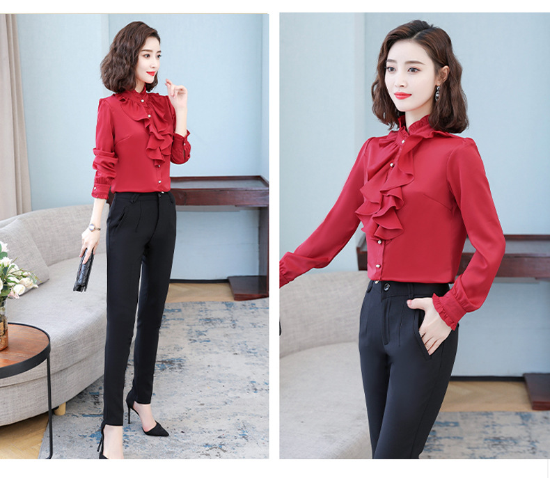 Women's New Style Long-Sleeve Shirt With Stand Collar And Ruffle Trim Top