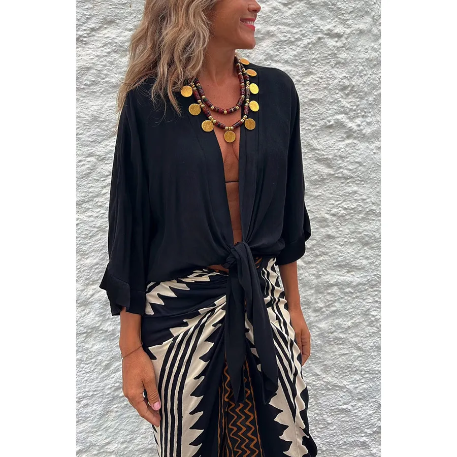 Women's Casual Lace Up 34 Sleeve Loose Vacation Multi-color Shirt - Black