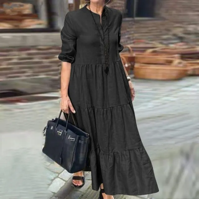 Women's Solid Color Wide Hem Casual Loose Lapel Cotton Linen Long Dress Black - Shop at LoveMi