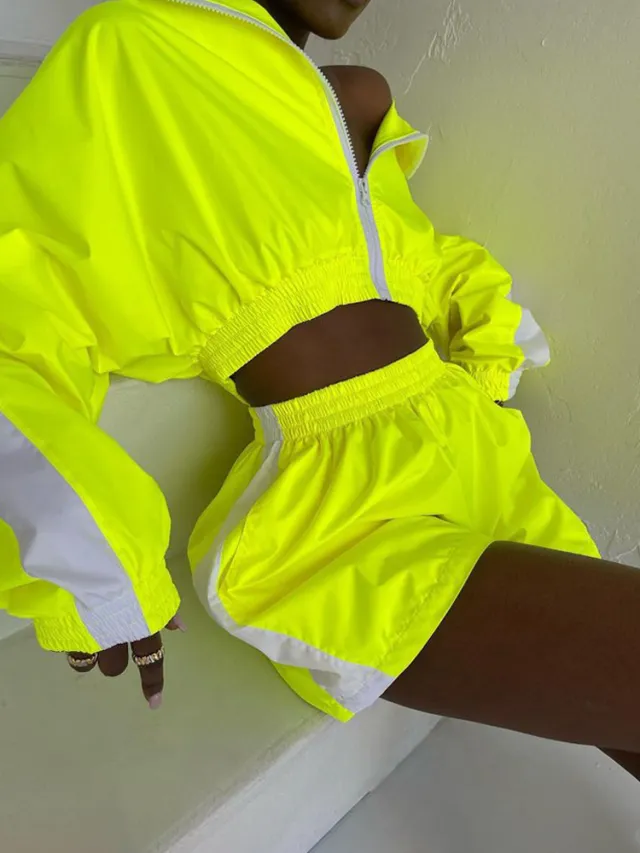 Women's Long sleeved Zipper Sport Cardigan Coat Shorts Suit Casual Fluorescent Yellow New - Shop at LoveMi