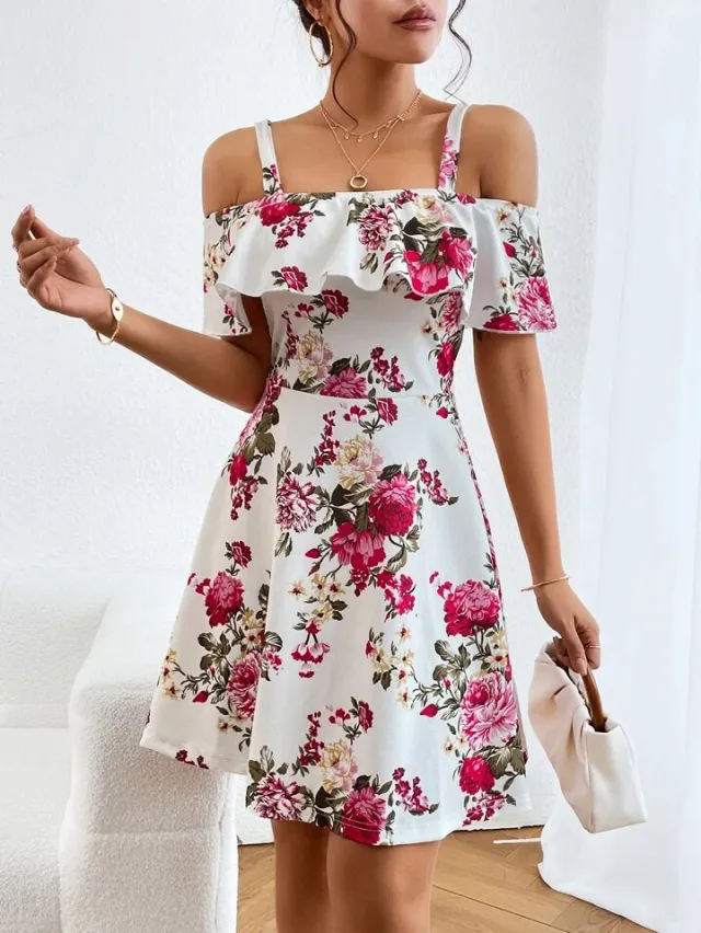Flower Off the shoulder Strap Ruffled Birthday Event Dress White - Shop at LoveMi
