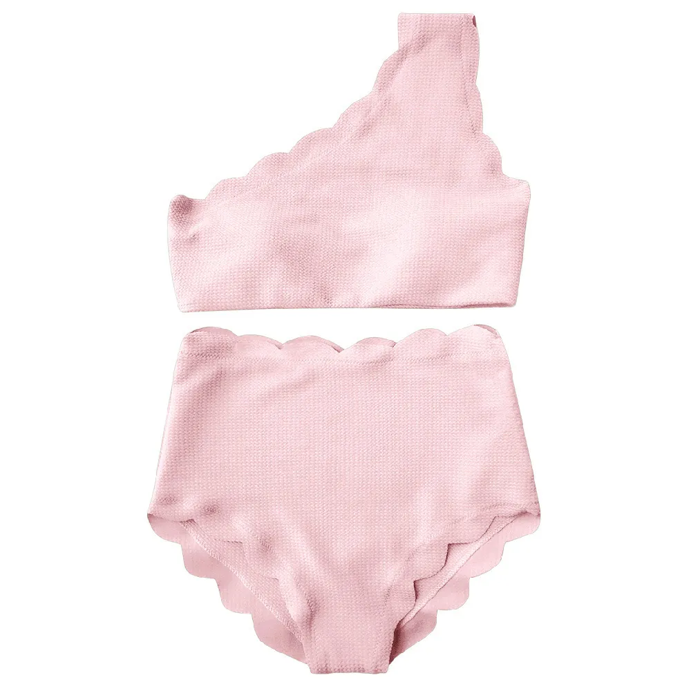 European And American-style Petal-patterned Sexy Off-shoulder High-waist Bikini - Pink