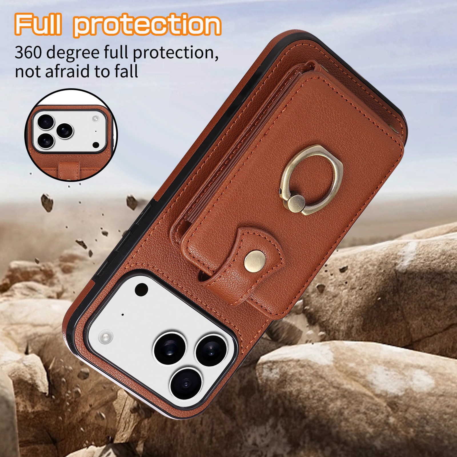 Leather Phone Case With Ring Holder And Card Slot Drop Proof Protective Case 3