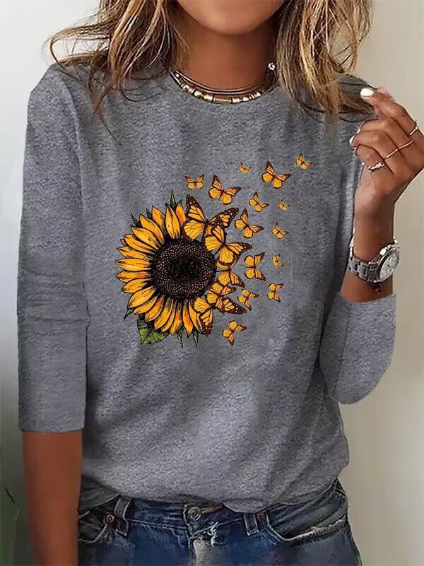 Women's Fashion Butterfly Sunflower Print Top