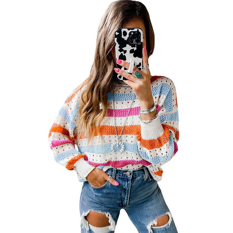 Leisure Personality Stitching Striped Round Neck Sweater Pink - Shop at LoveMi
