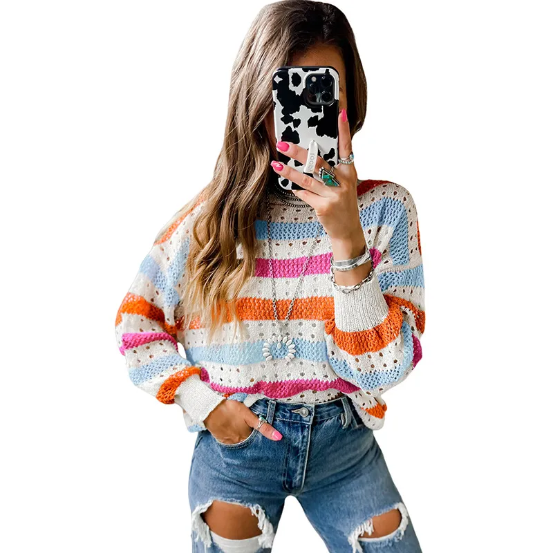 Leisure Personality Stitching Striped Round Neck Sweater - Pink