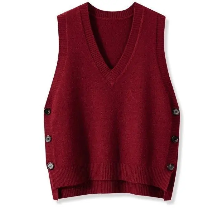 European And American Retro V-neck Knitted Vest Women's Spring Autumn Outerwear - Red