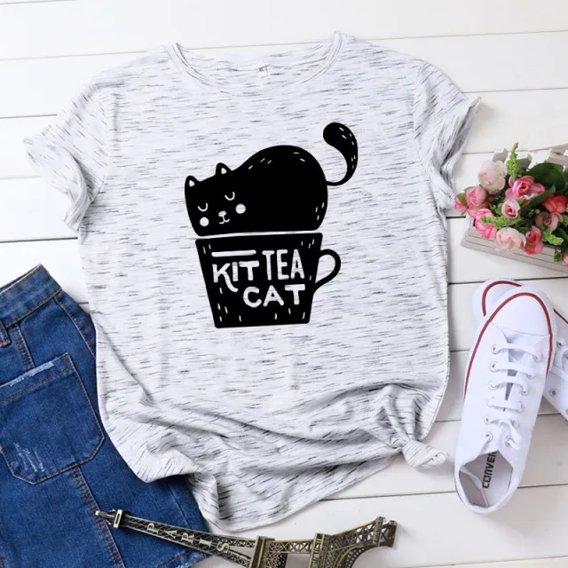Casual KIT TEA CAT Printed Round Neck Plus Size Short Sleeve Black - Shop at LoveMi