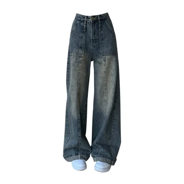 Thin Gradient Vintage Jeans Women Loose Wide leg Straight Pants Blue - Shop at LoveMi