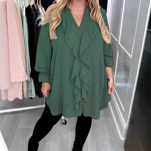 Women's Solid Color Loose Lotus Leaf V neck Long Sleeve Shirt Green - Shop at LoveMi