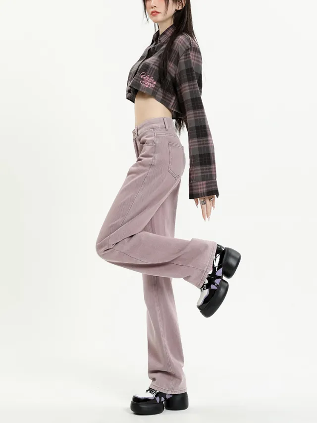 High Waist Straight Loose Slimming Plus Size Wide Legs Jeans Purple - Shop at LoveMi