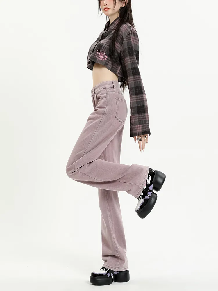 High Waist Straight Loose Slimming Plus Size Wide Legs Jeans - Purple